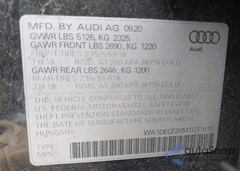 2021 Audi Q3 Premium 45 Tfsi S Line Quattro Tiptronic z USA, uszkodzony, nr VIN WA1DECF36M1031916